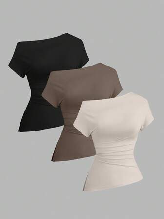 Sweetra Camiseta casual asimétrica de hombro para mujer