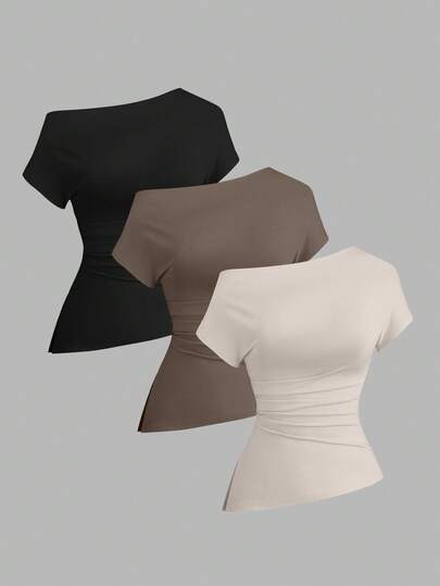 Sweetra Camiseta casual asimétrica de hombro para mujer