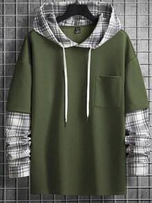 Manfinity Homme Loose Men Plaid Patched Pocket Drop Shoulder Drawstring 2-In-1 Hoodie - Army Green - View 1