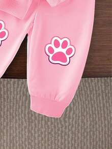 GraphicGems 1 套女婴休闲可爱卡通猫咪蝴蝶结印花圆领运动衫和猫爪印花运动裤套装，秋冬 - 彩色 - 查看 5