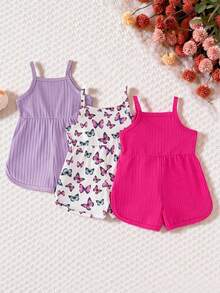 SHEIN Playful Pals 3 件套女婴蝴蝶印花纯色罗纹无袖连体衣，带蝴蝶装饰，夏季休闲装 - 彩色 - 查看 2