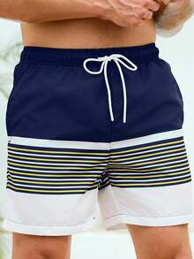 Manfinity Swimmode Men's Striped Drawstring Waist Pocket Beach Shorts - Blue - View 5