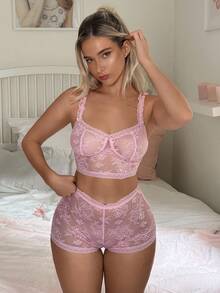 SHEIN 2件套女士性感蕾丝内衣套装 - 粉色 - 查看 2