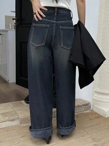 DAZY 女士宽松直筒牛仔裤，休闲街头风，带保暖内衬，冬季款 - 深色水洗藍 - 查看 6