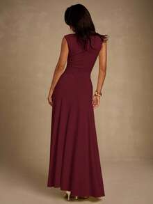 Glamine 女士优雅性感扭纹 V 领收腰长裙，浅黄色，适合派对、日常穿着、花园聚会 - 酒紅色 - 查看 2