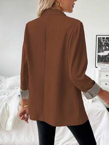 Franclia French Plaid Sleeve Cuff Slightly Fitted Commuter Casual Summer Blazer Brown BrunoWomen's Summer Jacket, Three-Quarter Sleeve Suit Jacket, Summer Outerwear, Casual Jacket, Versatile Suit Jacket - Bronze - View 2