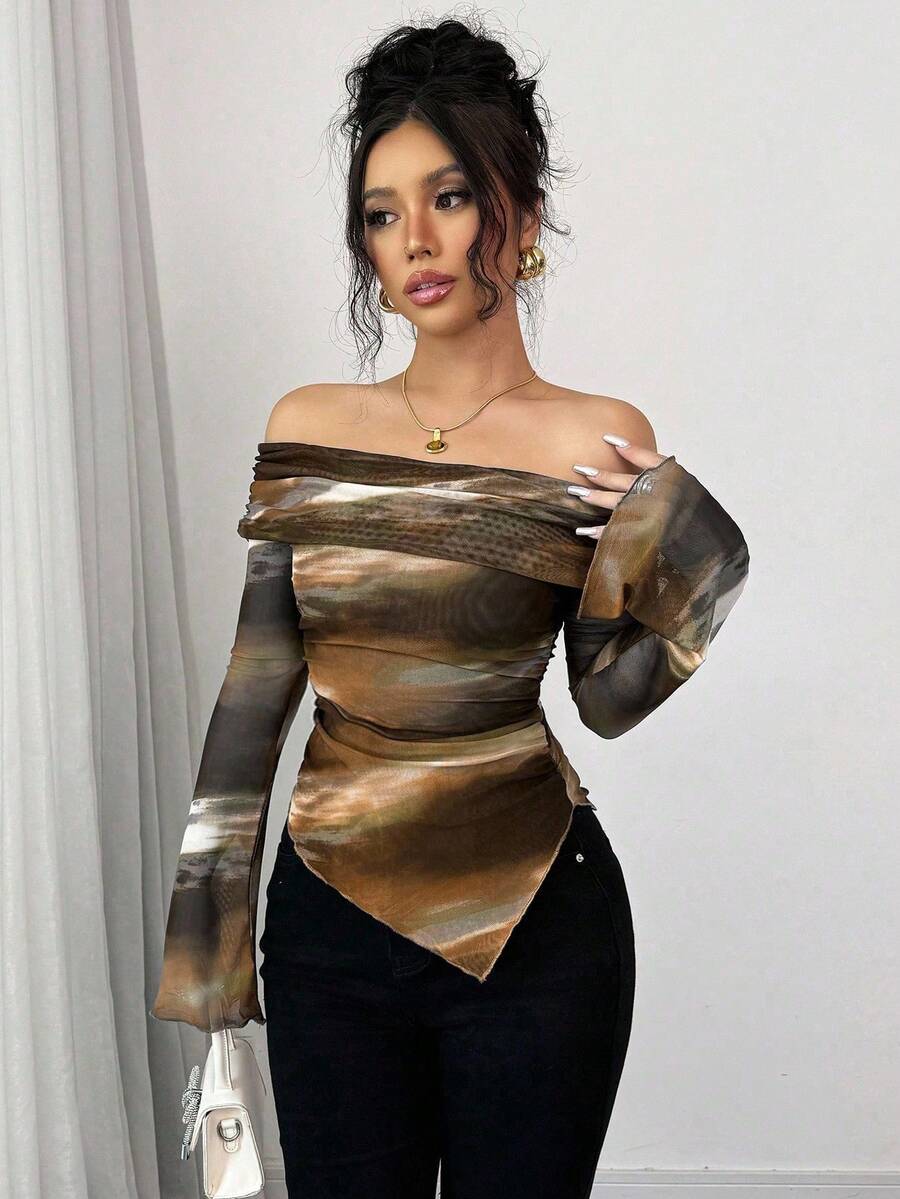 Selianne 女士露肩长袖修身简约时尚T恤，适合夏季