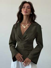 Aloruh New Stylish Commuter Waist Ruched Asymmetric Hem Long Flare Sleeve V-Neck Pullover Blouse - Army Green - View 5