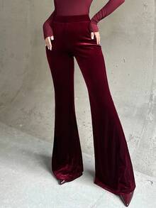 Firerie Women's New Elegant Casual Everyday Commute Fashion Versatile High Waist Slim Fit Velvet Flare Pants, Wine Red, Suitable For Autumn/Winter, Airport, Teacher, Office Wear, Cozy Fall, Christmas, New Year