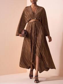 Zivah Rochie plisată cu mâneci lungi, decolteu în V adânc, cu talie scobită, vară și început de toamnă 2025, model nou