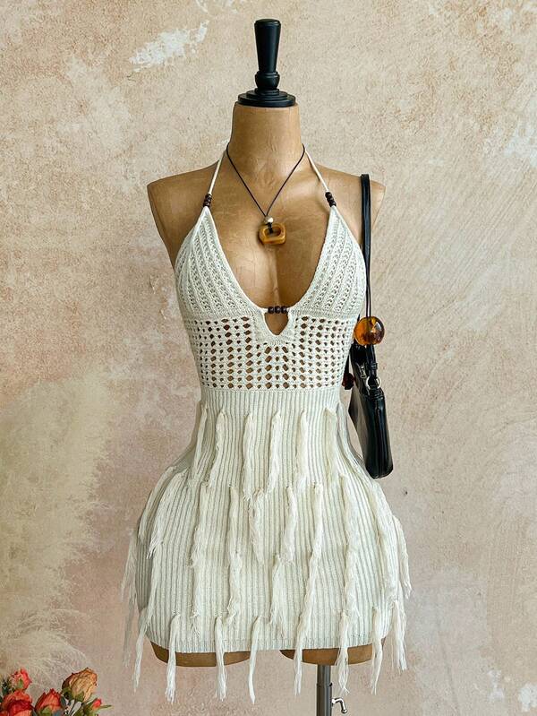 Soleia Soleia Women's Holiday V-Neck Hollow Out Wooden Bead Fitted Knit Dress With Tassel Hem, Spaghetti Strap Tie Back Knit Maxi Dress For Vacation, Date, Afternoon Tea, Party, Beach, Cruise, Island, Road Trip, Wedding, Music Festival, Boho Vacation, Beach Outfit, Can Be Worn Inside Or Outside