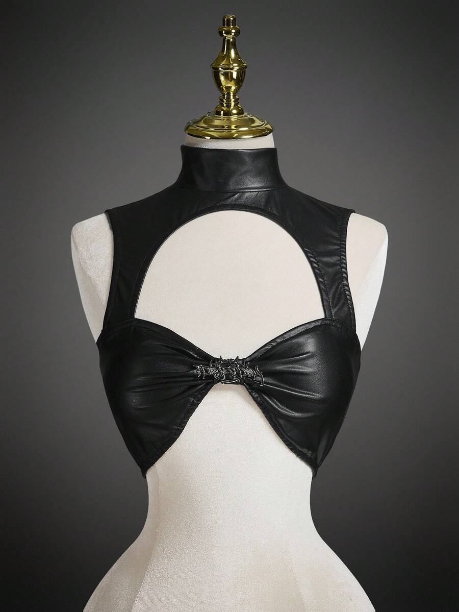 SHEIN ICON 女士万圣节PU镂空性感无袖金属装饰上衣，黑色上衣 - 黑色 - 查看 1