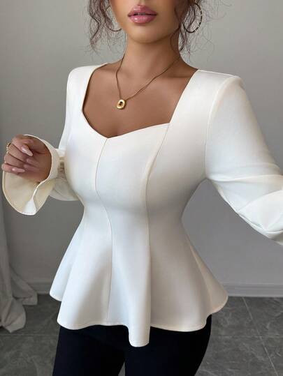 Elenzga Elegante quadratische Kragen, geraffete Taille, Patchwork-Design aus mehreren Stoffen, ausgestellter Saum, Langarm, elastische Manschetten, sophisticated, minimalistisch, geeignet für den Arbeitsweg, Büro, romantische sizilianische Party, Herbst/Winter Bluse