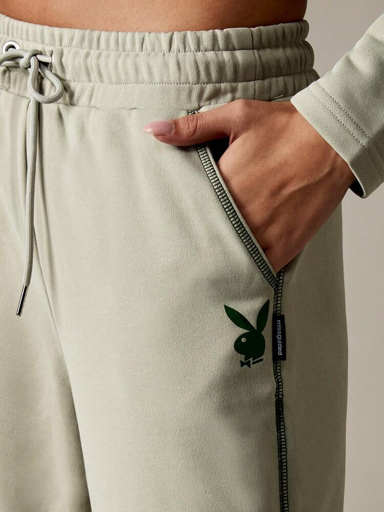 Missguided x Playboy Wide Leg Lounge Joggers With Drawstring Waist And Side Zipper Detail