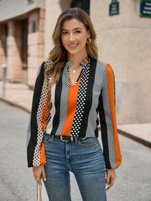 EMERY ROSE Polka Dot Notched Neckline Blouse,Long Sleeve Tops - Multicolor - View 5