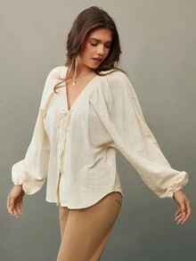 WESTFADE V Neck Lace Up Bow Tie Front Long Lantern Sleeve 100% Cotton Embroidered Top Fall Clothes For Women Cute Country Western Wear Nashville - Beige - View 4