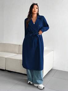 Vionelle Áo khoác trench coat dáng rộng màu trơn cỡ lớn - Màu xanh hải quân - Xem 7