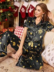SHEIN 仿丝全印花圣诞主题纽扣前开睡衣套装 - 黑色 - 查看 1