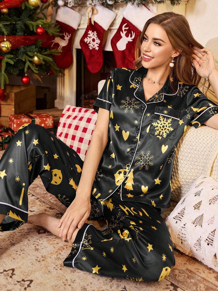 SHEIN 仿丝全印花圣诞主题纽扣前开睡衣套装 - 黑色 - 查看 1