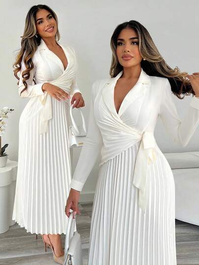 Xyvia Elegant skjortklänning med åtsittande midja och veckad knapp, lämplig för pendling, kontor, bröllopsevenemang på hösten och vintern