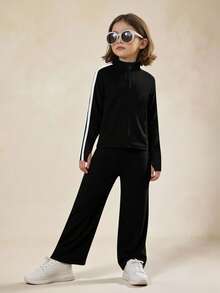 Sparklyn 四向弹力高弹力年轻女孩黑色罗纹拼接长袖夹克和紧身直筒裤套装，修身瑜伽健身休闲户外运动套装 - 黑色 - 查看 3