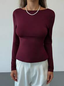 Aloruh Sexy Sheer Lace Long Sleeve Backless Top, Wine Red - Red Violet - View 4