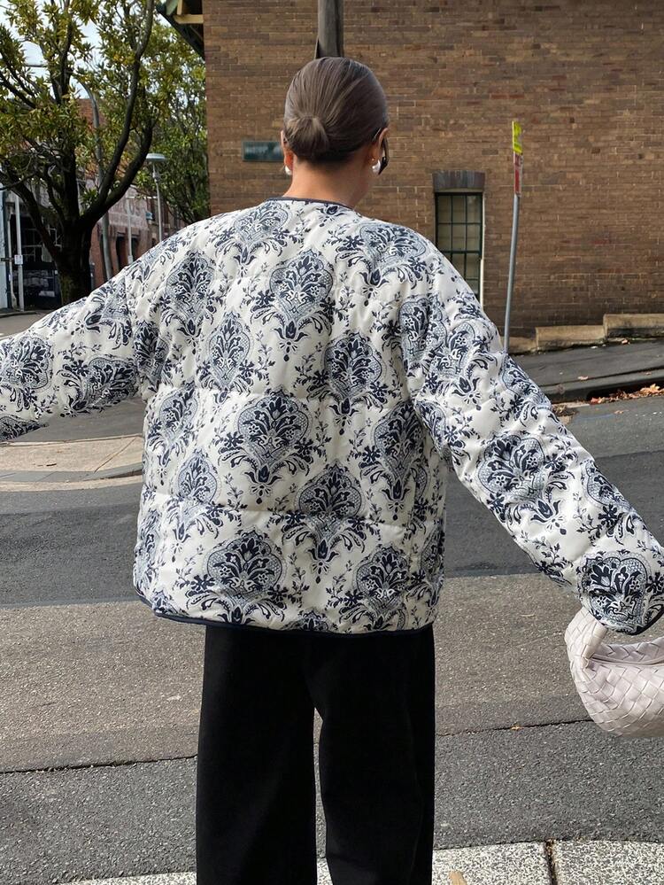 Autumn/Winter New Loose Casual Round Neck Blue And White Porcelain Print Women Padded Coat Jacket
