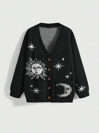 Goth Plus Size Gothic Sun Moon Star Pattern Knit Cardigan, Fashionable Knit Cardigan For Women In Autumn, Knit Sweater Top For Women In Winter, Daily Plus Size Knit Cardigan For Autumn/Winter, Plus Size Women Knit Sweater, Plus Size Knit Cardigan