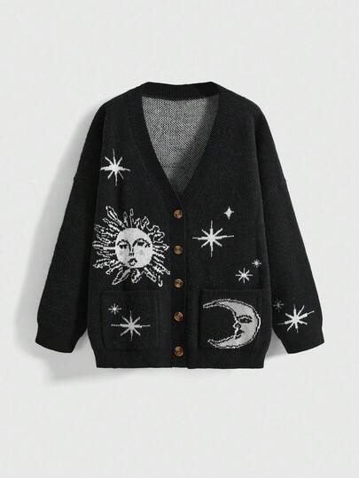 Goth Cárdigan de punto con estampado de sol, luna y estrellas de talla grande, cárdigan de punto de moda para mujer en otoño, jersey de punto para mujer en invierno, cárdigan de punto de talla grande para otoño/invierno, jersey de punto de talla grande para mujer, cárdigan de punto de talla grande