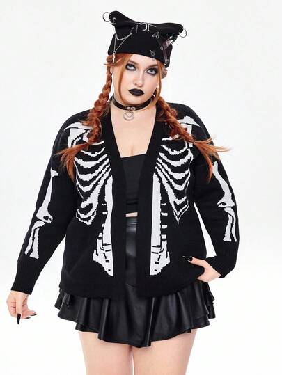 Goth Cardigan oversize da donna in stile gotico con stampa scheletro, manica a goccia, maglia, adatto per autunno/inverno