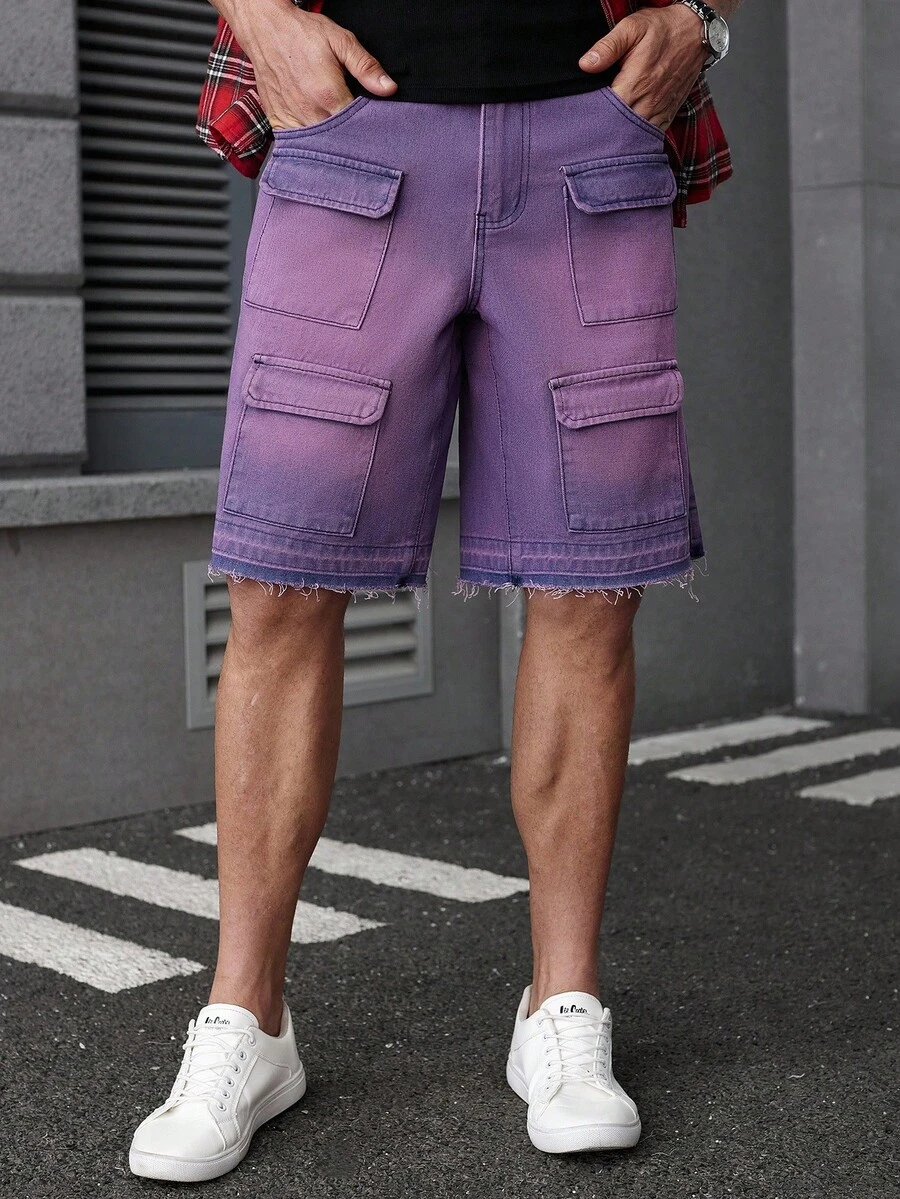 Manfinity Homme 男士休闲水洗牛仔工装短裤，夏季 - 紫色 - 查看 1