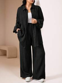 Veilorie Plus Size Solid Color Front Button Long Sleeve Top And Insert Pocket Long Pants 2Pcs Set 2 Pieces Set - Black - View 3