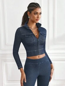 Flexra 女式长袖拉链短款修身牛仔夹克 - 深色水洗藍 - 查看 5