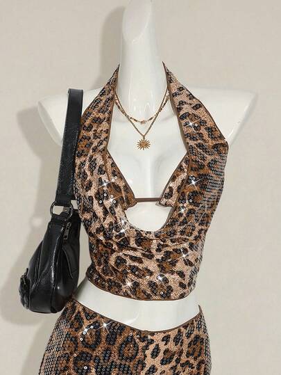 SHEIN ICON 2pcs Women's Sexy Glitter Party Fashionable Sequin Leopard Print Halter Neck Camisole, Summer,Cheetah Print Top,Leopard Print Top