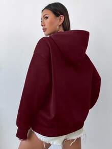 Flirla Embroidered English Graphic Hooded Oversized Sweatshirt - Burgundy - View 2