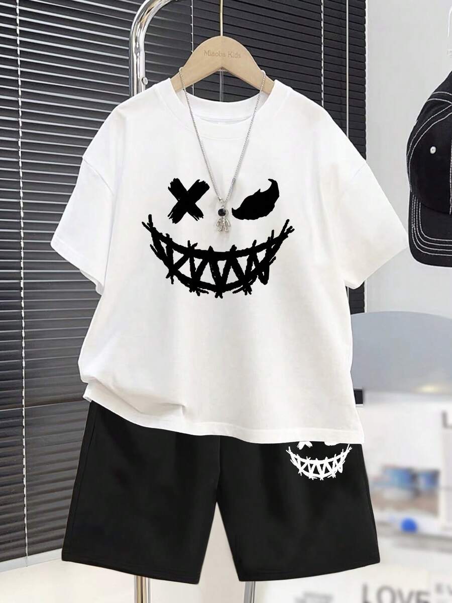 SHEIN 青少年男孩休閒簡約表情符號印花圓領短袖t恤和短褲2件套裝,夏季 - 彩色 - 查看 1