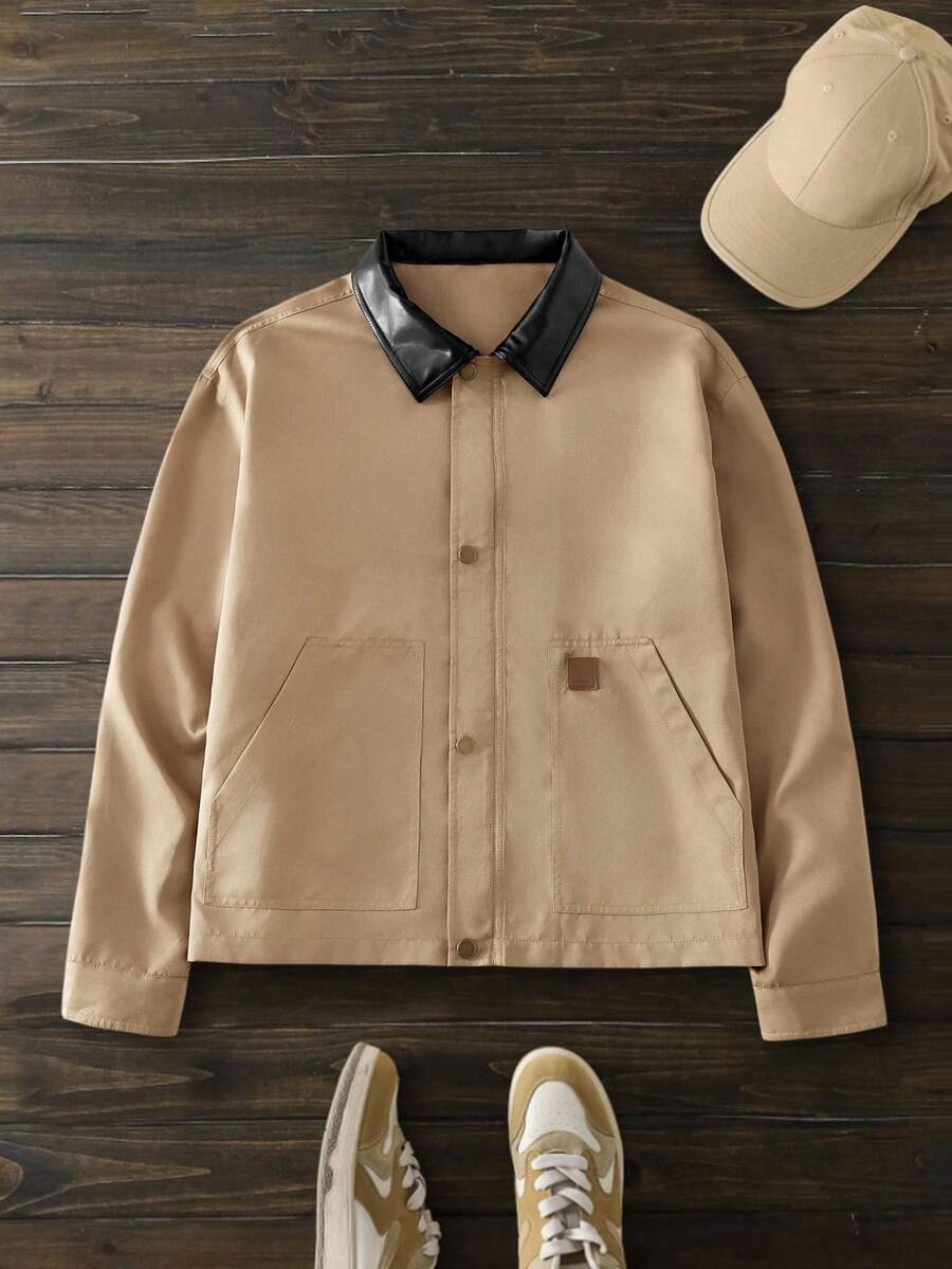 Manfinity NXTstreet Herren Lässig Patchwork Hemd-Jacke mit Umlegekragen, Herbst, Winter - Khaki - Übersicht 1