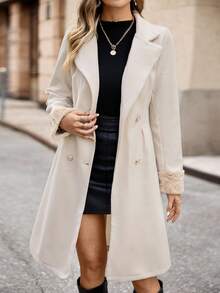EMERY ROSE Lapel Neck Double Breasted Overcoat - Apricot - View 6