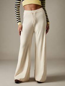 MISSGUIDED Women's Knitted Wide Leg Palazzo Trousers With Drawstring Waist Fall Winter Casual Pants - Apricot - View 1