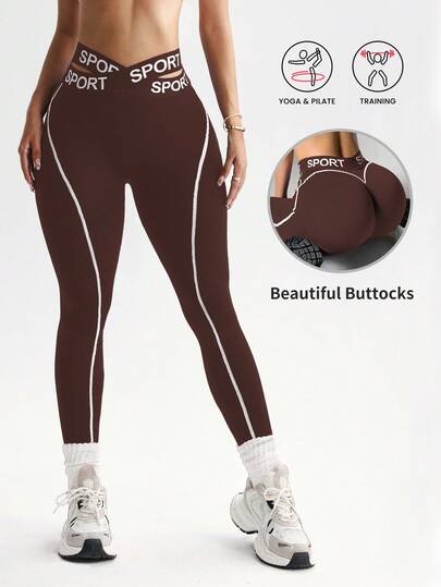 Rhythm Era 1pc Women Plus Size Seamless Contrast Waistline Slimming Yoga, Running, Outdoor Fitness Workout Leggings Yoga Leggings Brown Sport Leggings Brown Workout Leggings Sport Leggings Brown Yoga Pants Active Wear Sports Leggings Brown Compression Leggings Brown Workout Set