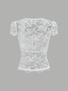 SHEIN Clasi Elegant Solid Color Sweetheart Neck Lace Blouse, Suitable For Oktoberfest - White - View 7