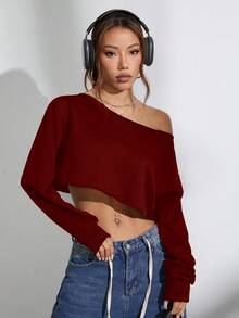 StreetHx Áo nỉ hở vai dài tay màu trơn thời trang gợi cảm dành cho nữ, mùa thu - Màu Đỏ Sâu - Xem 4