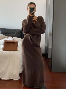 DAZY 2pcs/Set Women Loose Casual Brown Knitted Sweater Set, Autumn/Winter - Brown - View 4