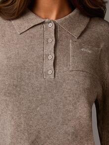 Athîral Women's Casual Button-Embroidered Cropped Knit Top, Fall Ribbed Knit Top, Polo Shirt, Fall Fashion, Fall Women's Brown Knit Sweater, Knitted Long Sleeve, Women's Long-Sleeved Top, Back-To-School Season, - Khaki - View 4