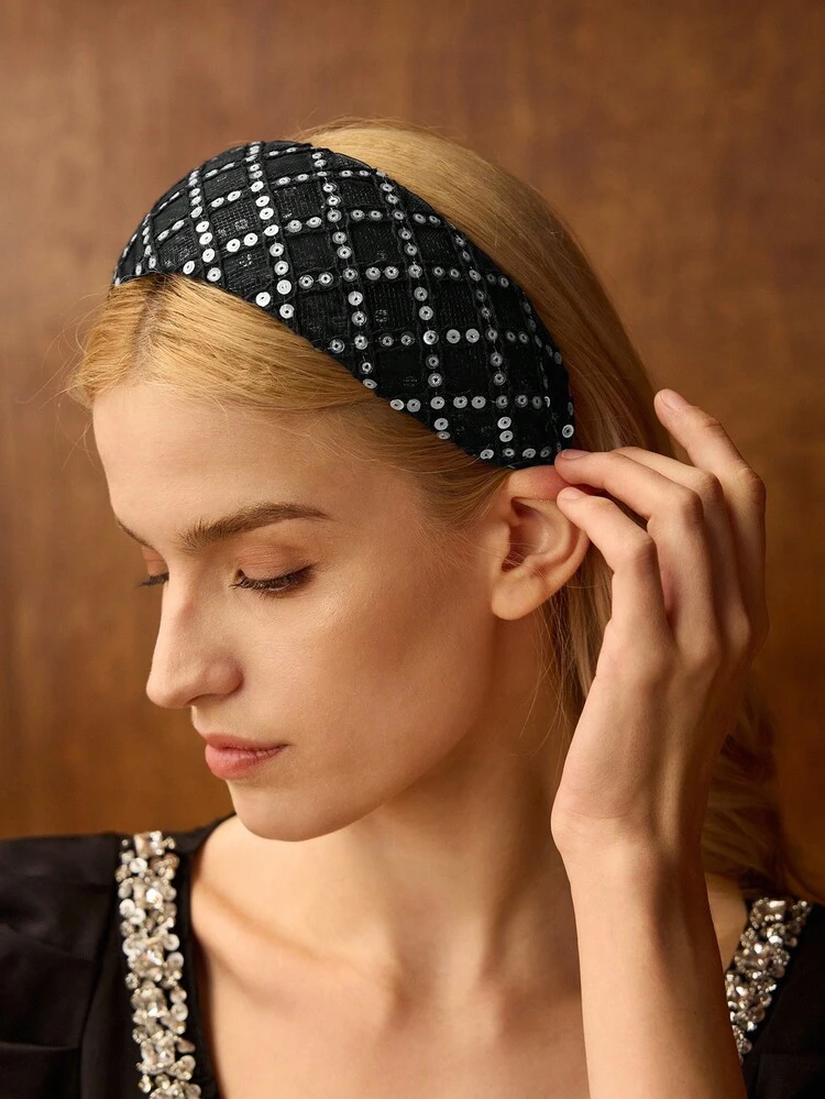 BLACK MESH SEQUIN WIDE HEADBAND