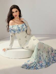 Modelyn 女士露肩蝴蝶印花网眼长袖修身连衣裙 - 彩色 - 查看 9