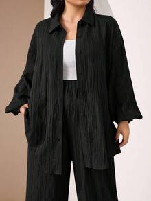 Veilorie Plus Size Solid Color Front Button Long Sleeve Top And Insert Pocket Long Pants 2Pcs Set 2 Pieces Set - Black - View 6