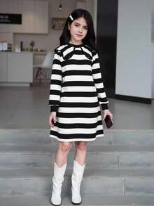 SHEIN Tween 女童彼得潘领长袖黑白条纹 A 字裙 - 黑與白 - 查看 1