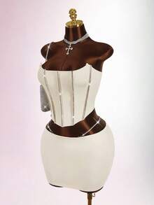 Amplova Conjunto de 2 piezas de top bandeau y minifalda decorados con rhinestones para tallas grandes