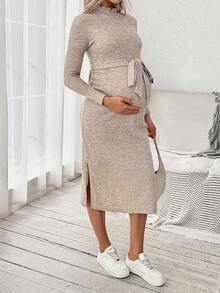 SHEIN Fall Clothes,Autumn Clothes,Maternity Autumn/Winter Clothes Maternity Casual Solid Color Drawstring Stand Collar Side Slit Knit Dress Maternity Dress Maternity Sweater Dress Ribbed Maternity Dress Maternity Lounge Dress Maternity Dresses Tie Waist Maternity Dress Long Sleeve Maternity Dress Maternity Fall Dress Ribbed Maternity Dresses Maternity Sweater Dresses Maternity Midi Dress - Apricot - View 5